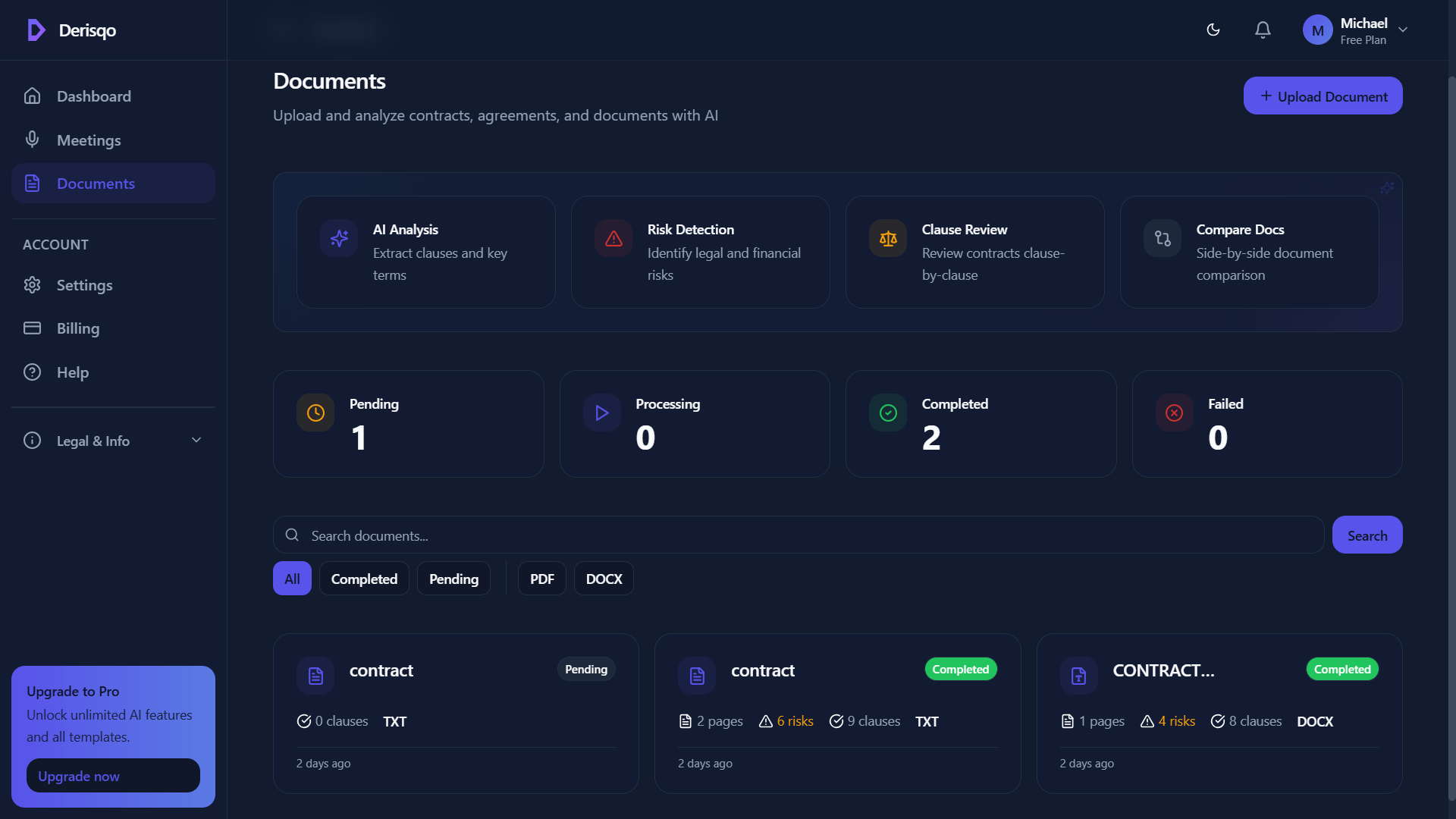 Documents Dashboard - Overview of analyzed contracts