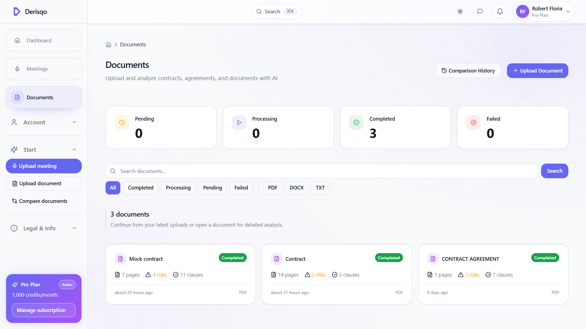 Documents dashboard showing analyzed contracts