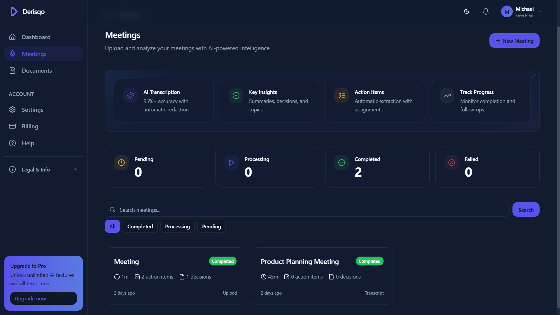 Meetings Dashboard - Overview of analyzed meetings