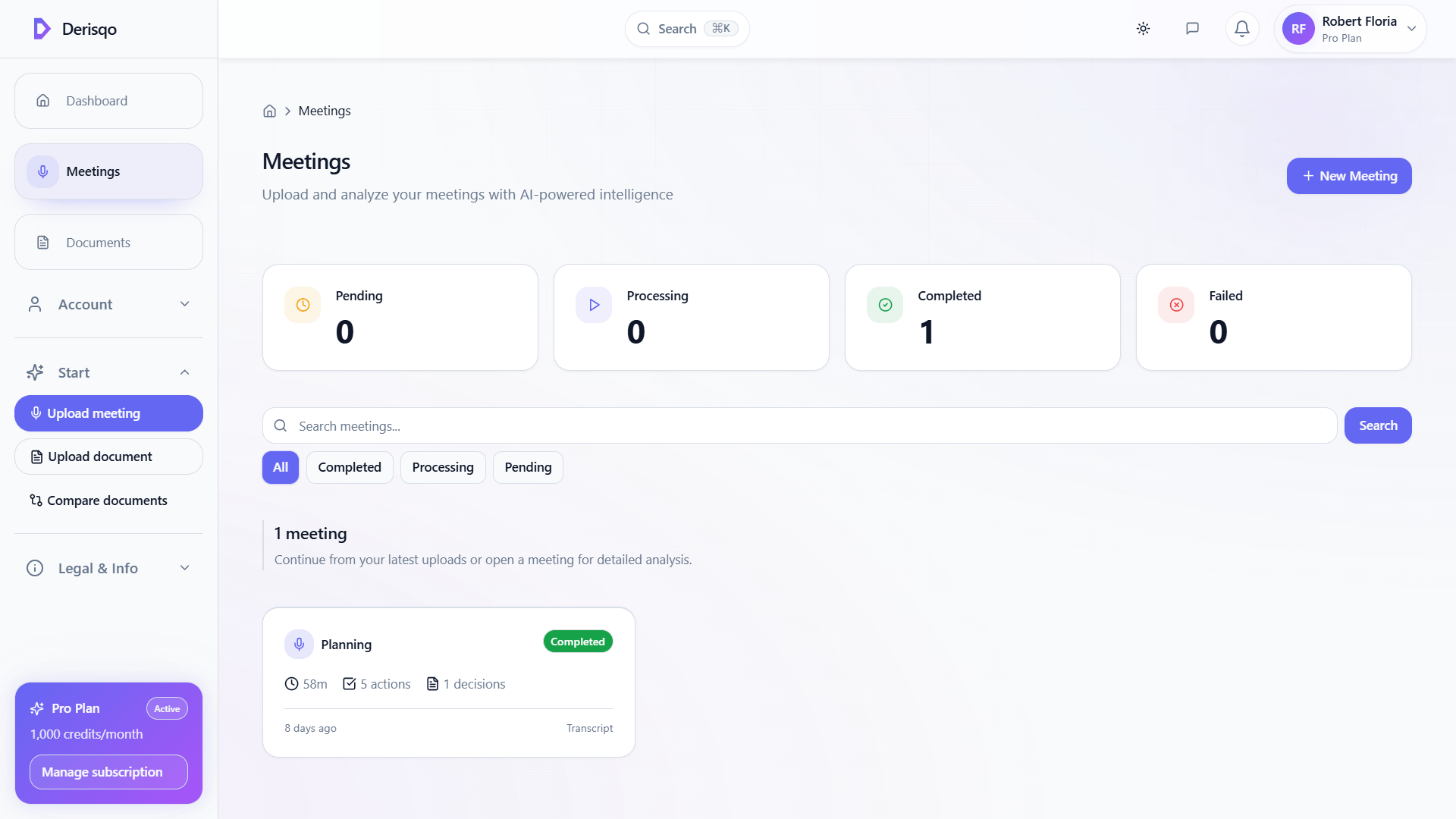 Meetings dashboard showing analyzed meetings and status